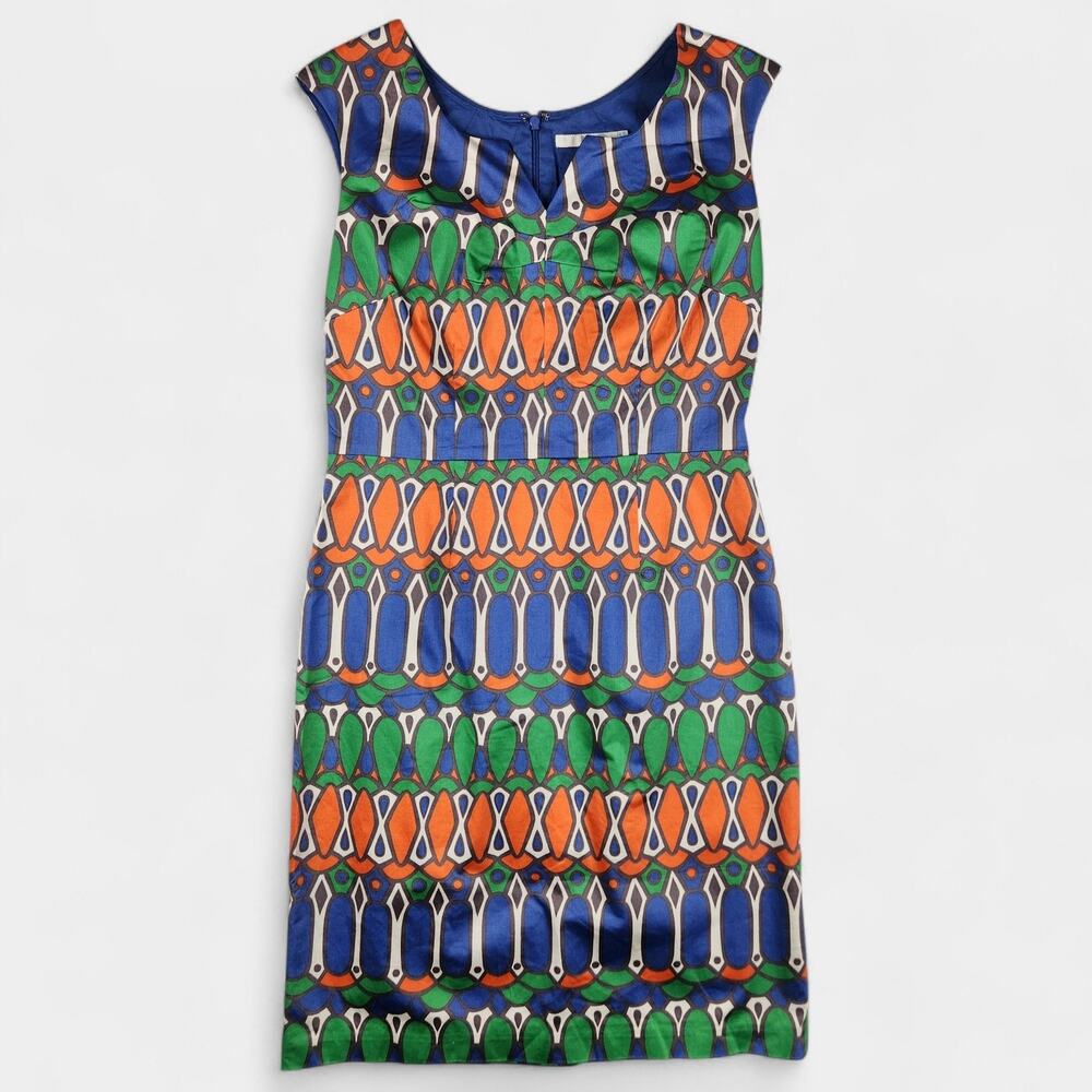 Boden Dress Womens 10R Blue Orange Green Geometric Print Sleeveless Sheath Lined